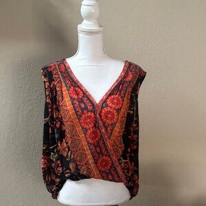 Floral V-Neck Women's Top - Black and Orange